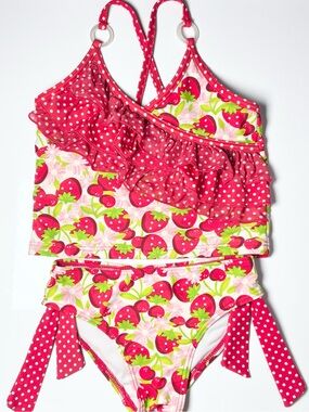 Lisabelle Girls Strawberry & Polka Dot Ruffle Tankini Two Piece Swimsuit Size 5T